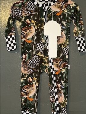 BAMBOO Green Duck Print Footed One-Piece with Checker Trim